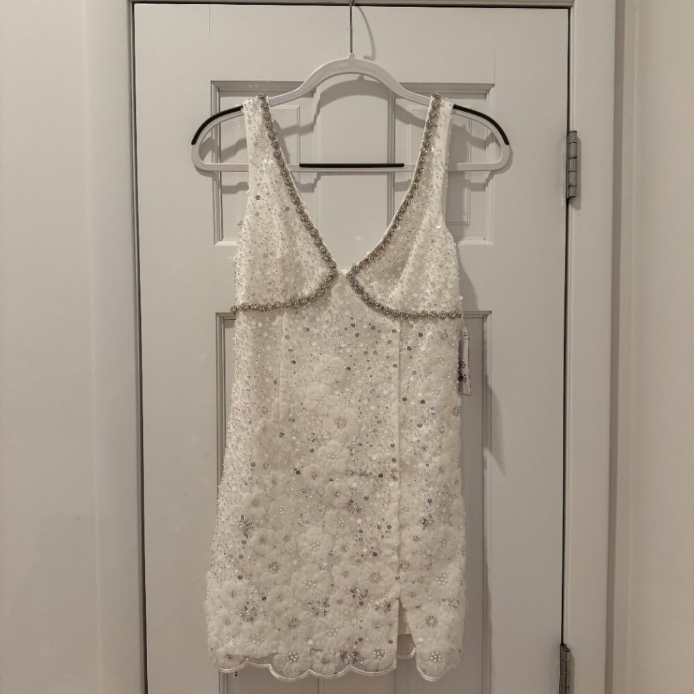 Self-Portrait White Beaded Sequin V-Neck Mini Dress NWT